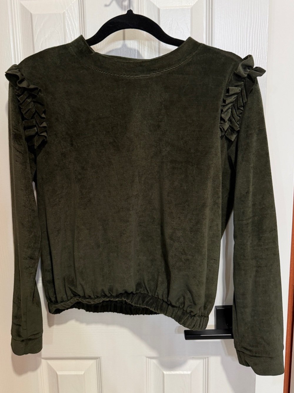 Cotton Emporium Olive Green Corduroy Ruffle Shoulder Long Sleeve Top